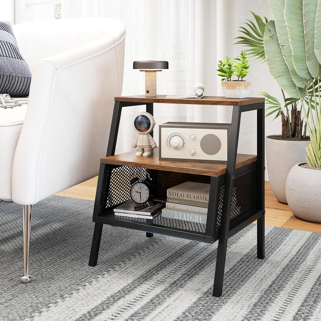 Giantex Industrial Nightstand, Modern End Table w/Open Shelves & Metal Mesh, 3-Tier Sofa Side Table w/Sturdy Trapezoidal Metal Frame, Night Stand for Bedroom, Small Spaces, Rustic Brown (1)