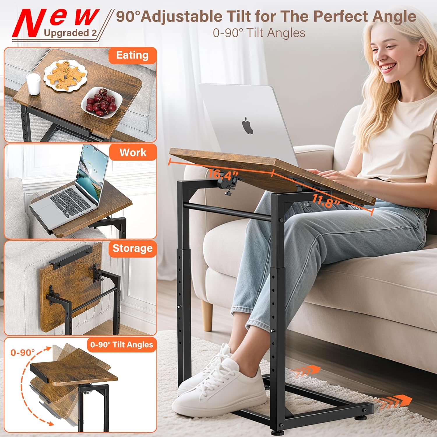 Tv Tray Table, 8-Level Adjustable Height Couch Side Table，90° Tilt Angle Adjustments C-Shaped End Table, with Phone & Tablet Slot Sofa Computer Desk for Couch, Sofa, Bed, Chair, Living Room (Brown)