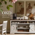 OKD 70" Farmhouse Buffet Cabinet w/Sliding Barn Door, Antique White | 2 Storage Cabinets, Large Open Shelf, Rustic Sideboard, Wood Coffee Bar, Dining Room, Kitchen, Living Room