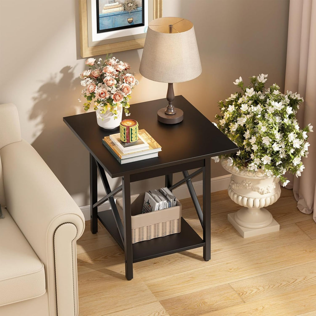 GreenForest Square End Table for Living Room, 20 Inch Large Side Table with X-Frame, Farmhouse Tall Bedside Nightstand with 2-Tier Storage Shelf, Black