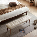 51.2'' Leather Upholstered Dining Bench – Solid Oak Wood Frame, Checkered Stitched Padded Cowhide End of Bed Bench for Bedroom, Dining, Entryway – 17.5” Height, 400lb Capacity, Taupe