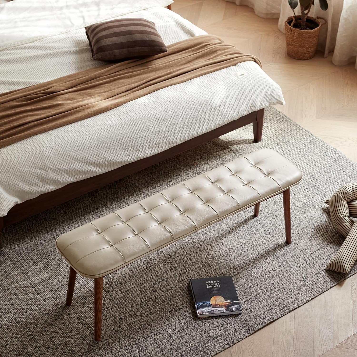 51.2'' Leather Upholstered Dining Bench – Solid Oak Wood Frame, Checkered Stitched Padded Cowhide End of Bed Bench for Bedroom, Dining, Entryway – 17.5” Height, 400lb Capacity, Taupe
