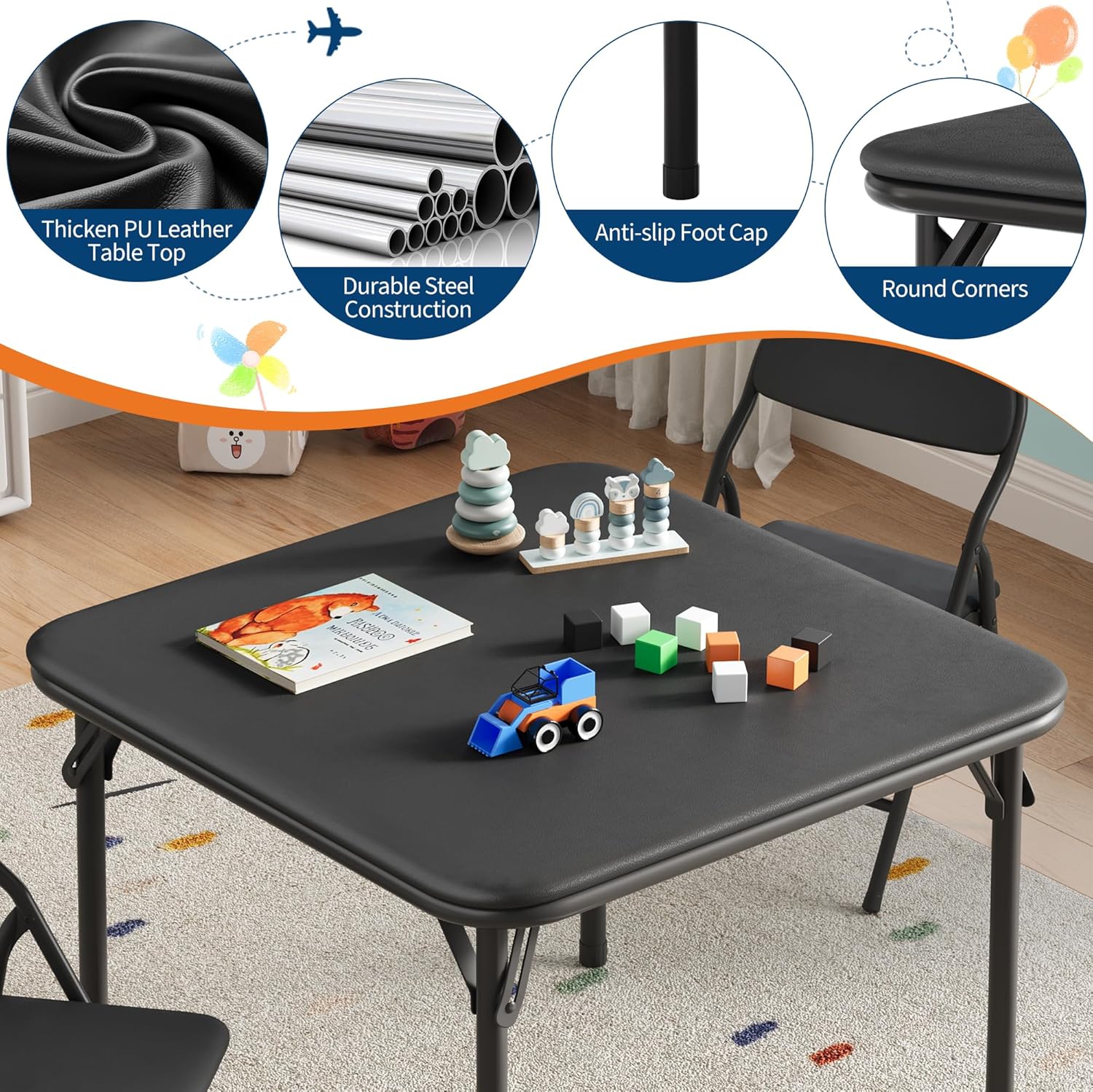 5 Piece Set Folding Card Table and Chairs, Portable Foldable Table with 2 PU Padded Chairs, Lightweight Dining Set for Indoor Outdoor, Camping, Parties, RV