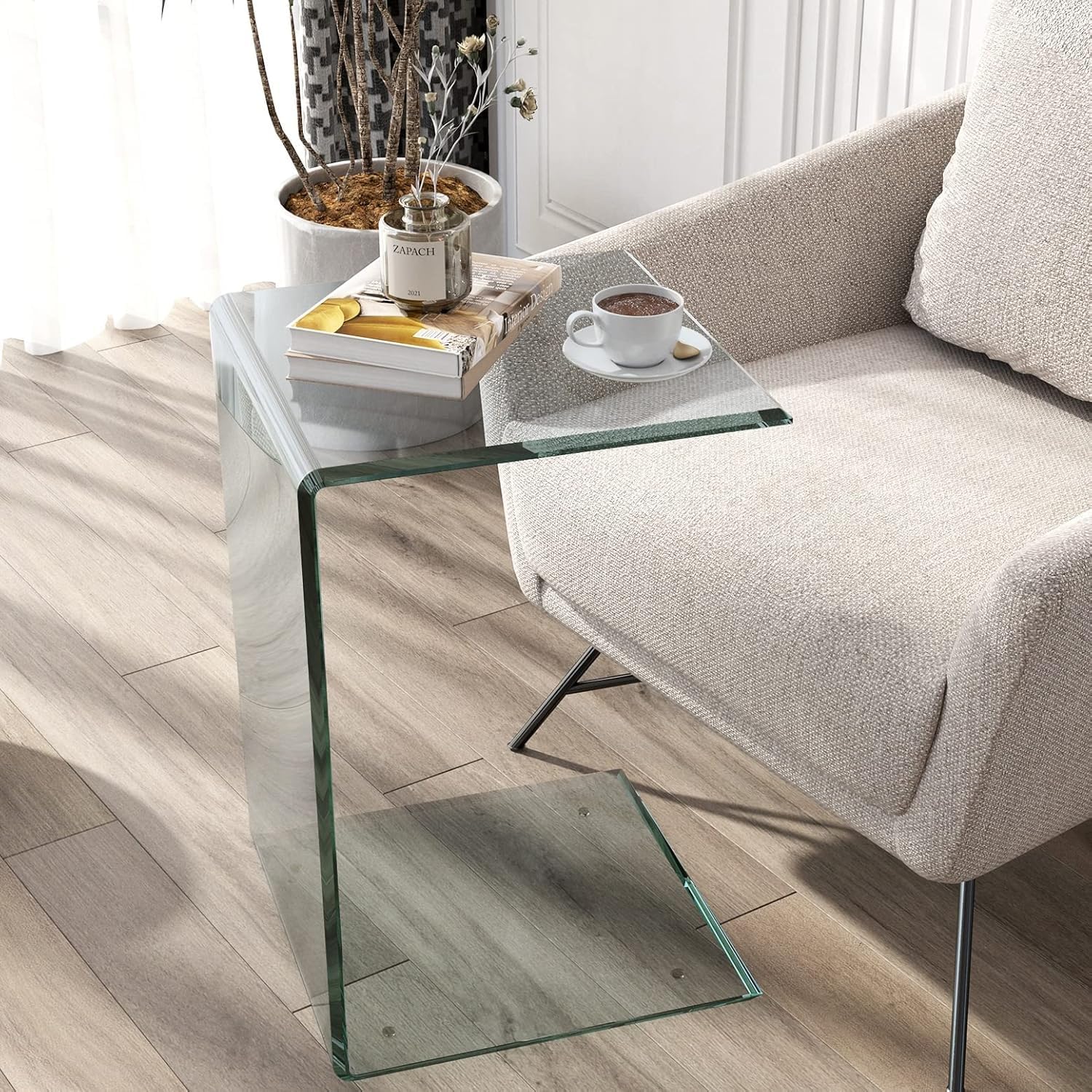 15.36" 2-Piece Glass End Table, C Shaped Side Table Set of 2 Clear Tempered Glass Snack Table Modern Nightstand Bedside Table for Living Room, Bedroom, Office, Bathroom