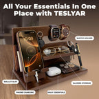 TESLYAR Wood Phone Docking Station for Men - Desk or Nightstand Organizer - Birthday Gifts for Husband, Dad - Anniversary Idea from Wife - Key Holder, Stand Wallet, Watch & Essentials (Bourbon Brown)