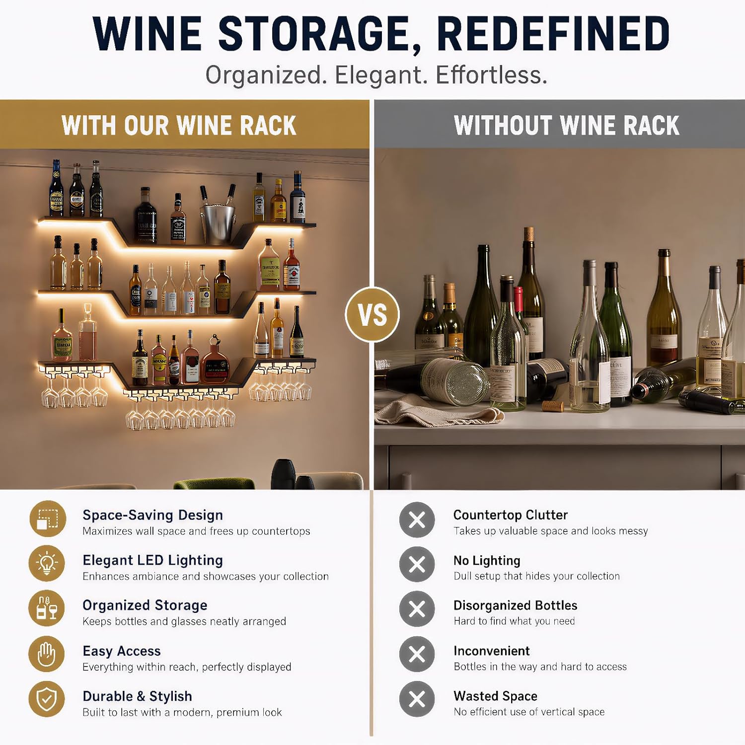 Wall Mounted Wine Rack with LED Lights, 3-Tier Floating Bar Shelves, Hanging Liquor & Wine Glass Rack for Home Bar, Cafe, Dining Room Decor (Black,31.5" W)