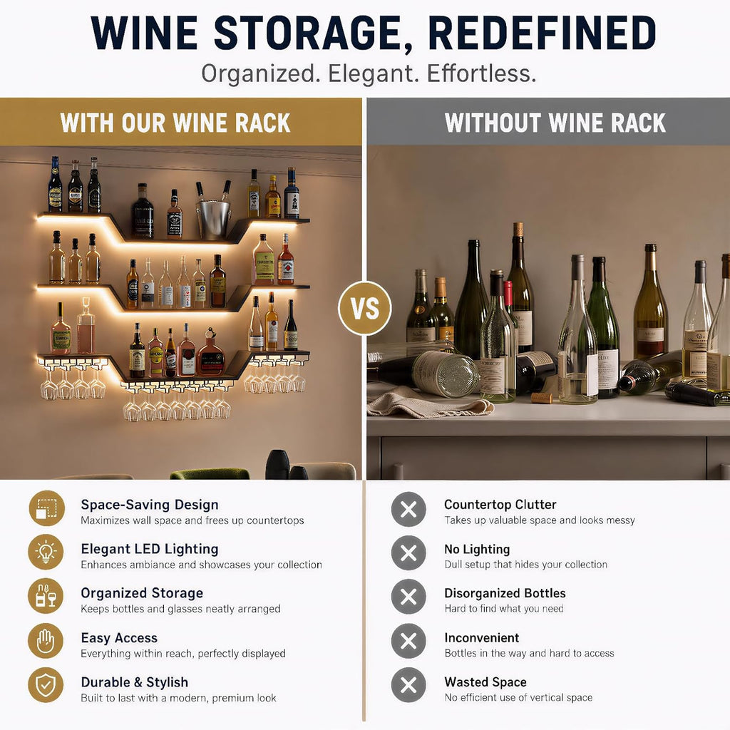 Wall Mounted Wine Rack with LED Lights, 3-Tier Floating Bar Shelves, Hanging Liquor & Wine Glass Rack for Home Bar, Cafe, Dining Room Decor (Black, 39.4" W)