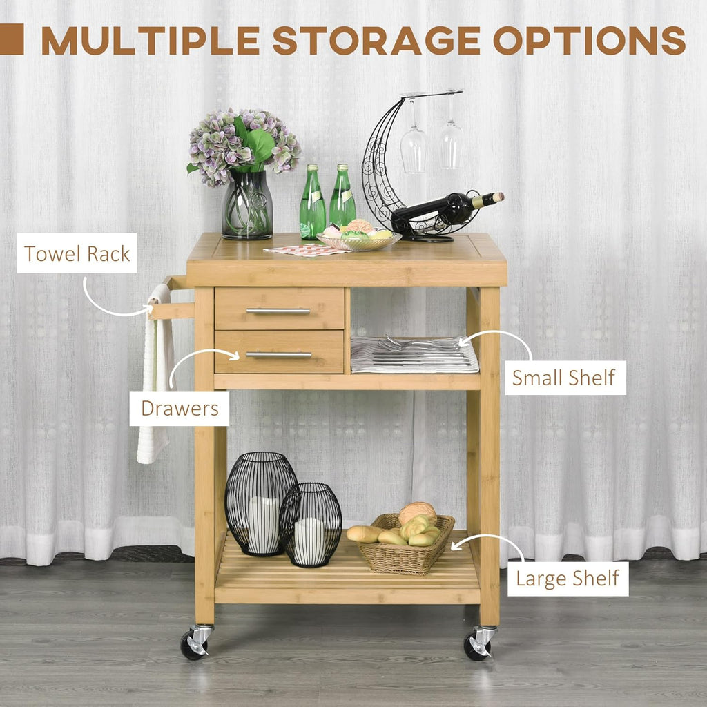 HOMCOM Bamboo Kitchen Island on Wheels, Utility Trolley Cart with 2 Storage Drawers, Butcher Block Cart with Open Shelves, Bamboo Tone