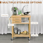 HOMCOM Bamboo Kitchen Island on Wheels, Utility Trolley Cart with 2 Storage Drawers, Butcher Block Cart with Open Shelves, Bamboo Tone