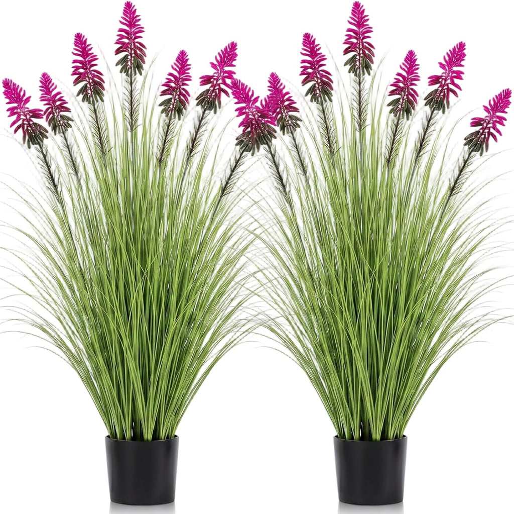 Jexine 2 Pieces 4 ft Artificial Tall Grass Plants Outdoor with Plum Cockscomb Flower Tall Artificial Grass Green Onions Plant Potted for Housewarming Gift House Garden Lobby Outdoor