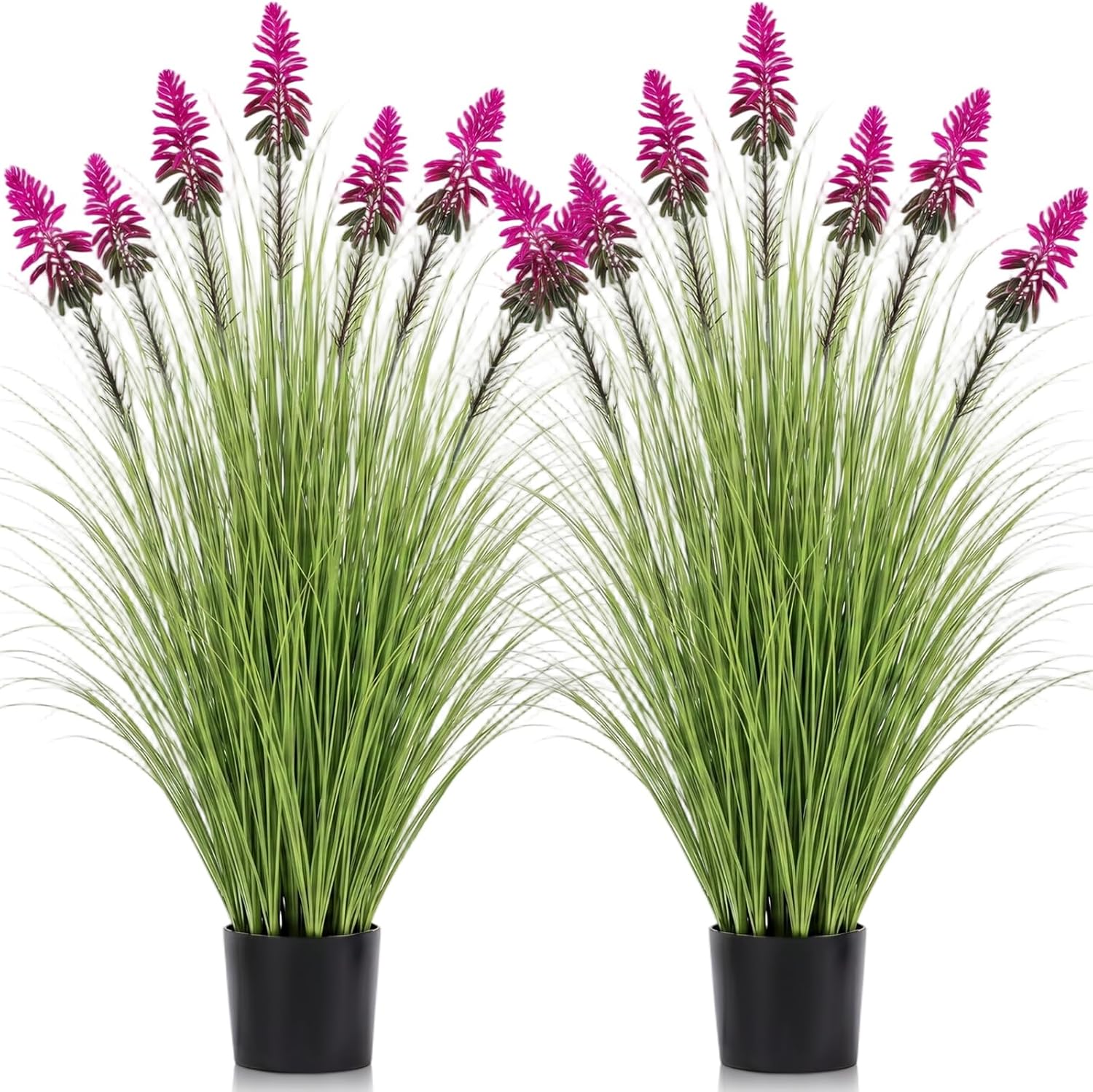 Jexine 2 Pieces 4 ft Artificial Tall Grass Plants Outdoor with Plum Cockscomb Flower Tall Artificial Grass Green Onions Plant Potted for Housewarming Gift House Garden Lobby Outdoor
