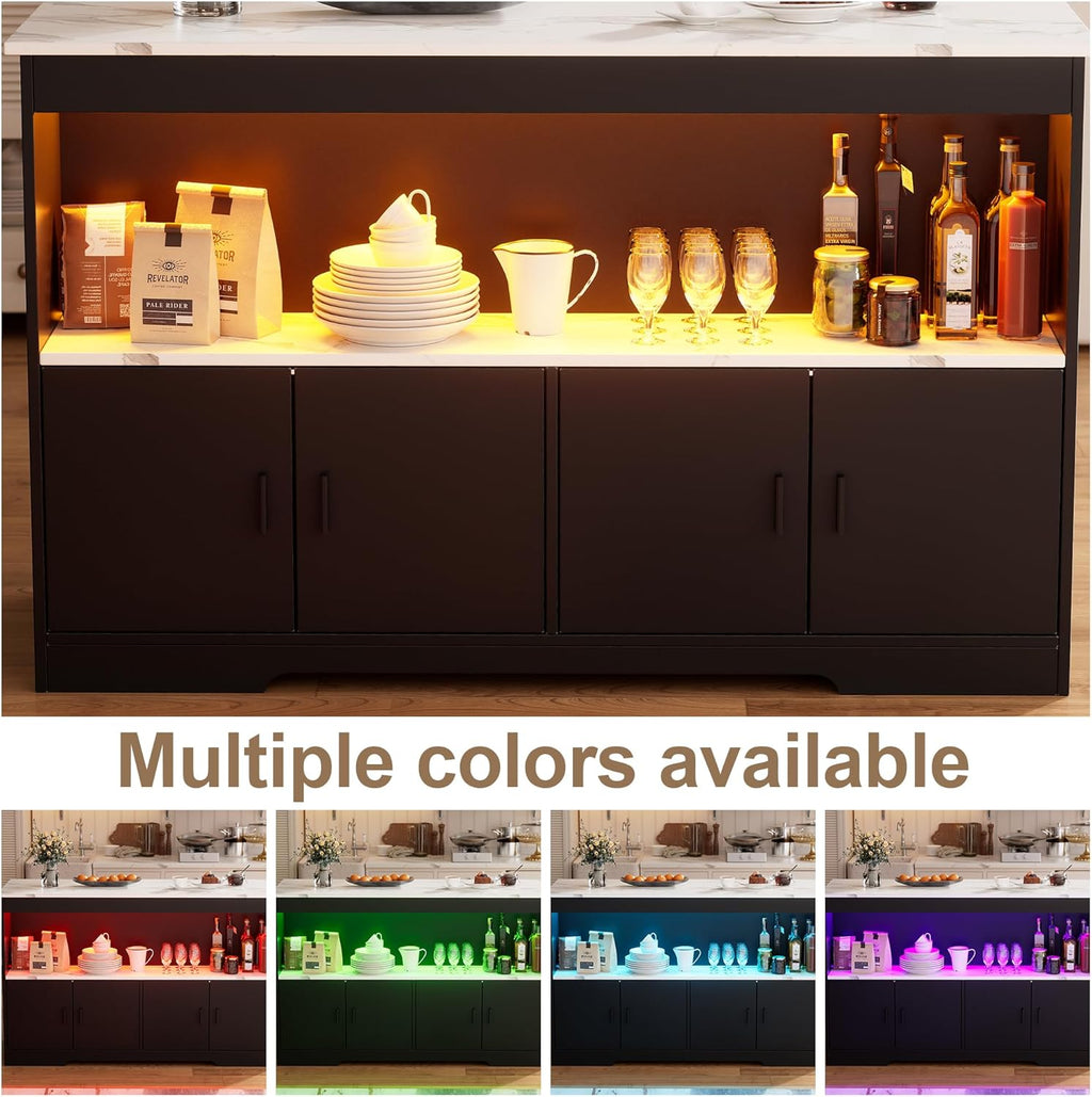 PAKASEPT 43'' Modern Kitchen Island with Storage,Imitation Marble Island Table with LED Lights & Cabinet for Kitchen, Dining Table for 4,Dining Room,Living Room,Home Bar,Black