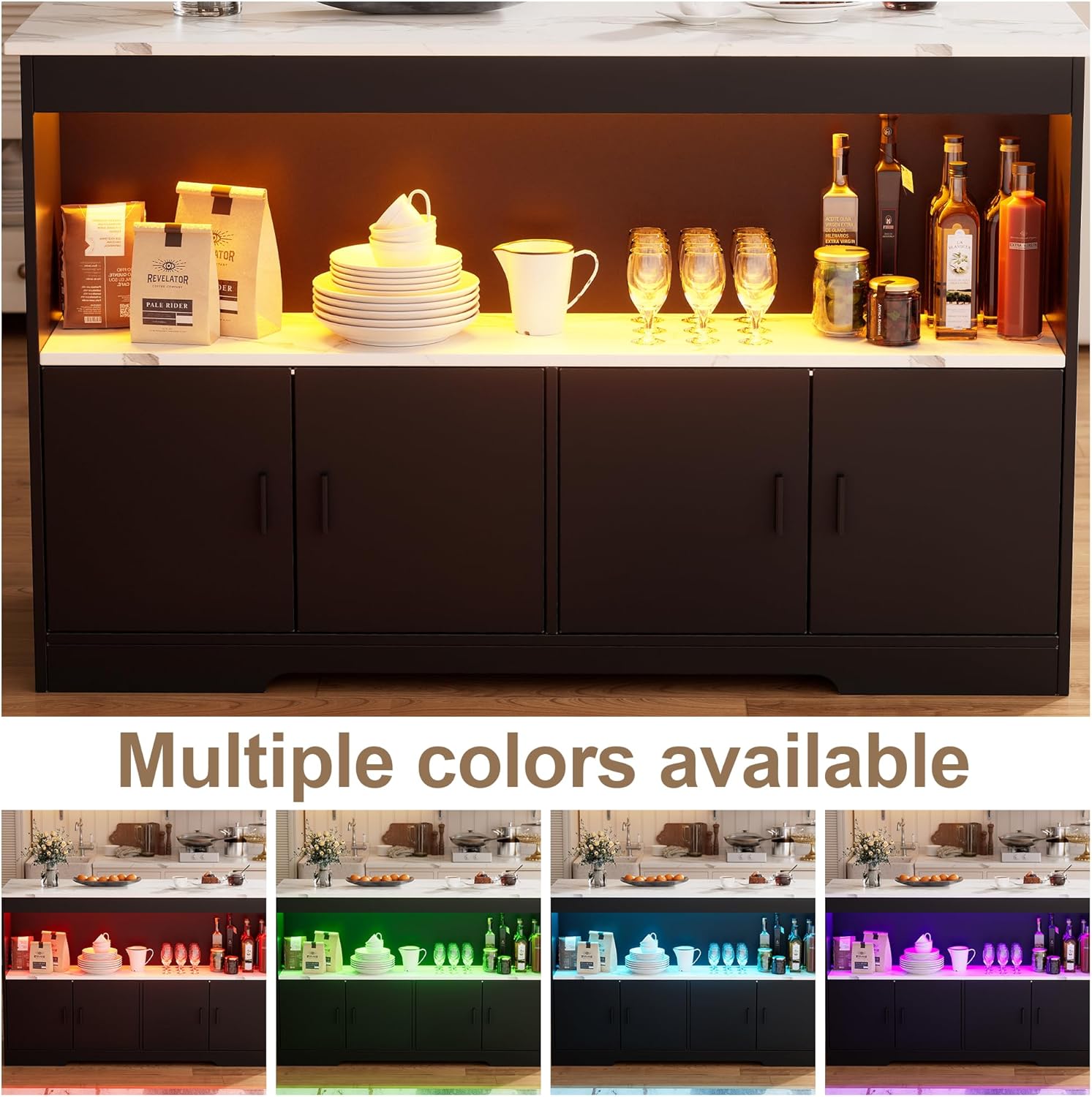 PAKASEPT 43'' Modern Kitchen Island with Storage,Imitation Marble Island Table with LED Lights & Cabinet for Kitchen, Dining Table for 4,Dining Room,Living Room,Home Bar,Black