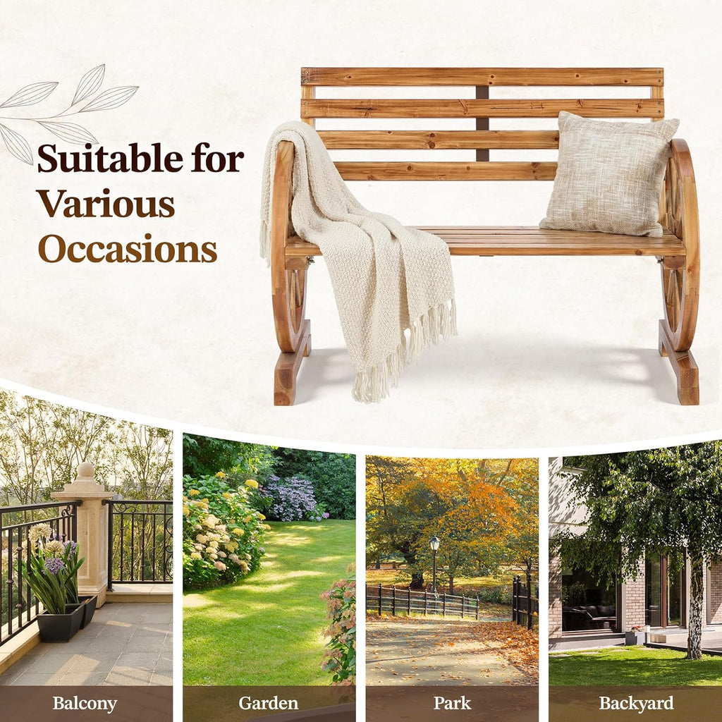 Outvita 41'' Outdoor Wooden Bench, 2-Person Rustic Wagon Wheel Bench with Slatted Seat and Carbonized Fir Wood Construction, Weather-Resistant Garden Bench for Patio, Porch and Backyard（Light Brown）