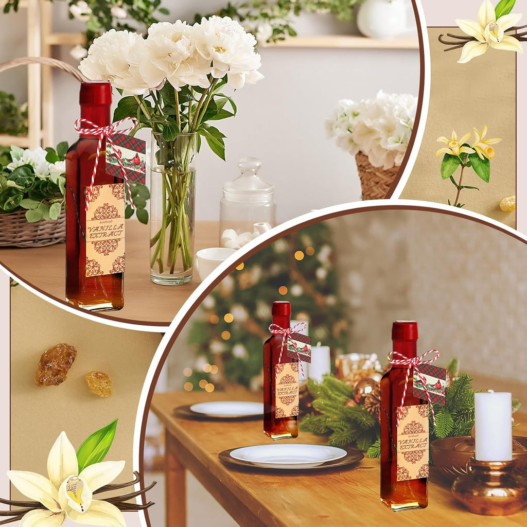Tioncy 12 Set Vanilla Extract Bottles for Homemade 8.5 oz Glass Vanilla Jar Bottle for Syrup Gifts with Cap Shrink Band Hummingbird Tag Stickers Syrup Gifts Giving for Christmas (Clear)