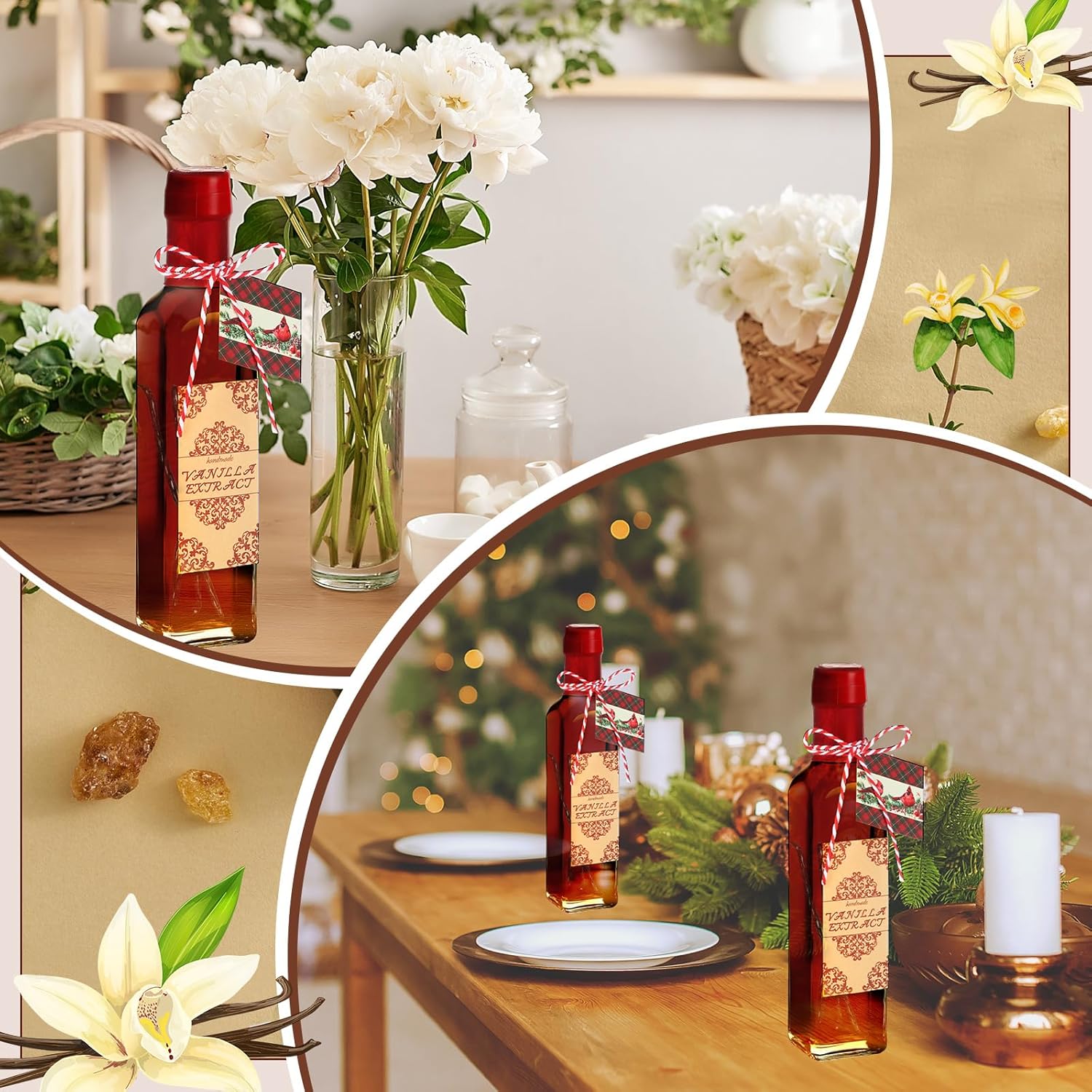 Tioncy 12 Set Vanilla Extract Bottles for Homemade 8.5 oz Glass Vanilla Jar Bottle for Syrup Gifts with Cap Shrink Band Hummingbird Tag Stickers Syrup Gifts Giving for Christmas (Clear)