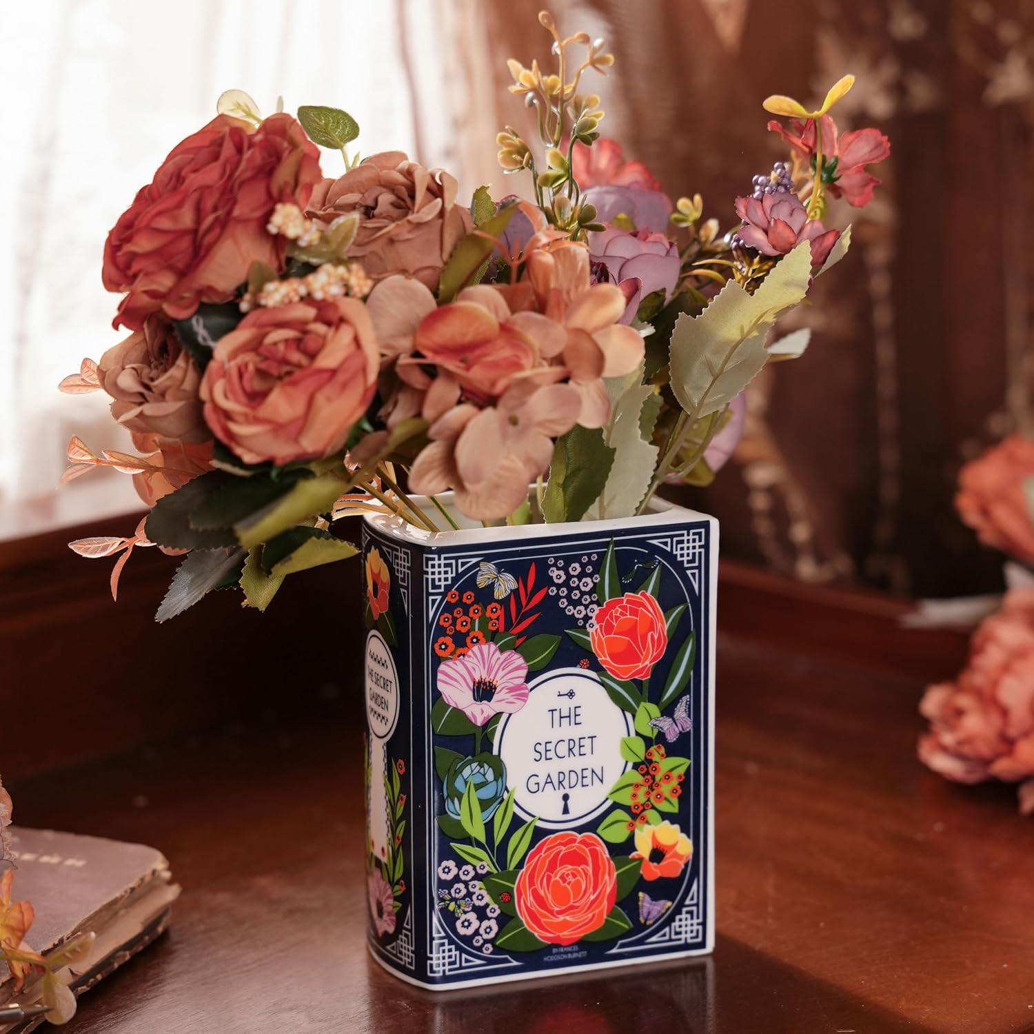 Ceramic Book Vase for Flowers, Home Decor, Cute Bookshelf Accent, Lovers Gifts, Unique Home/Bedroom/Office Decor (Small - Secret Garden)