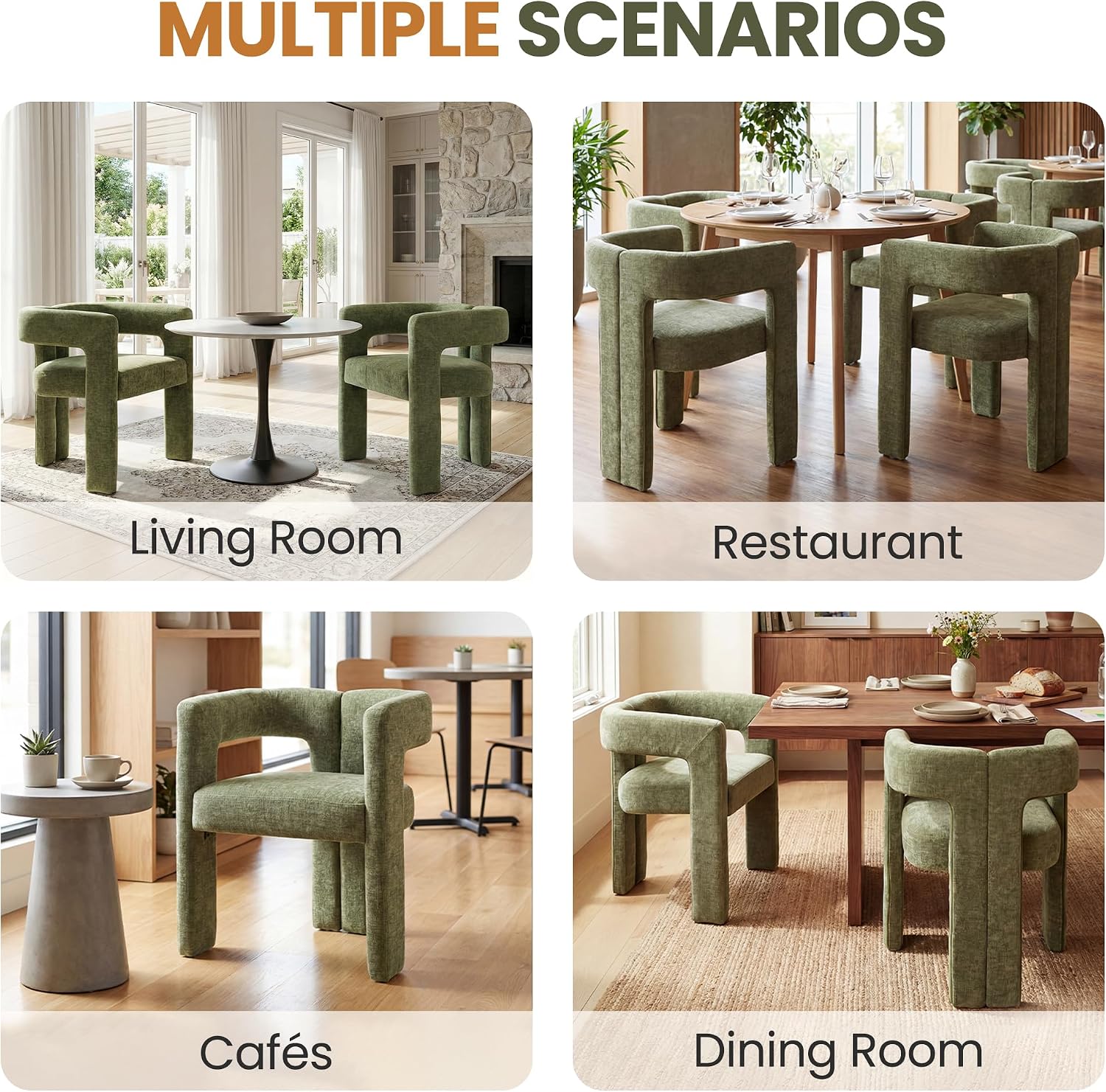HNY Modern Green Dining Chairs Set of 6, Chenille Upholstered Dining Room Barrel Chairs with Solid Wood Frame, Comfy Accent Kitchen Armchairs with Open Back, Vanity Side Chairs for Living Room Bedroom