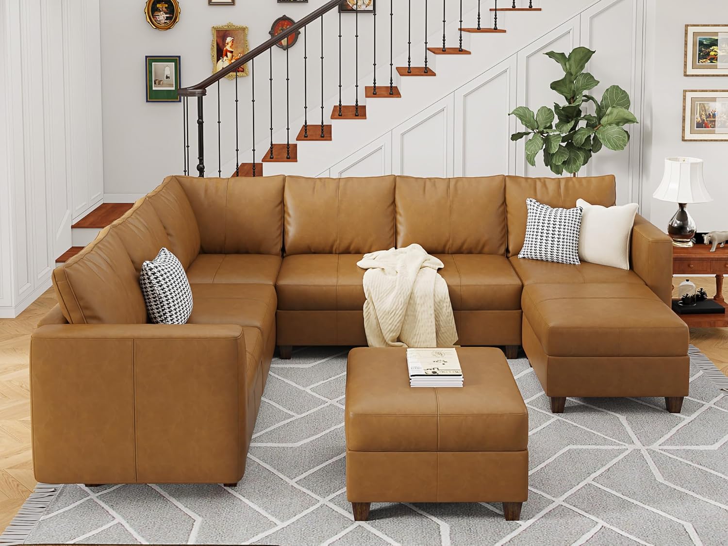 EASE MOOSE Leather Modualr Sectional Couch Sofa with Storage Ottomans,Faux Leather Sectional Sofa Brown U Shaped Modular Couch