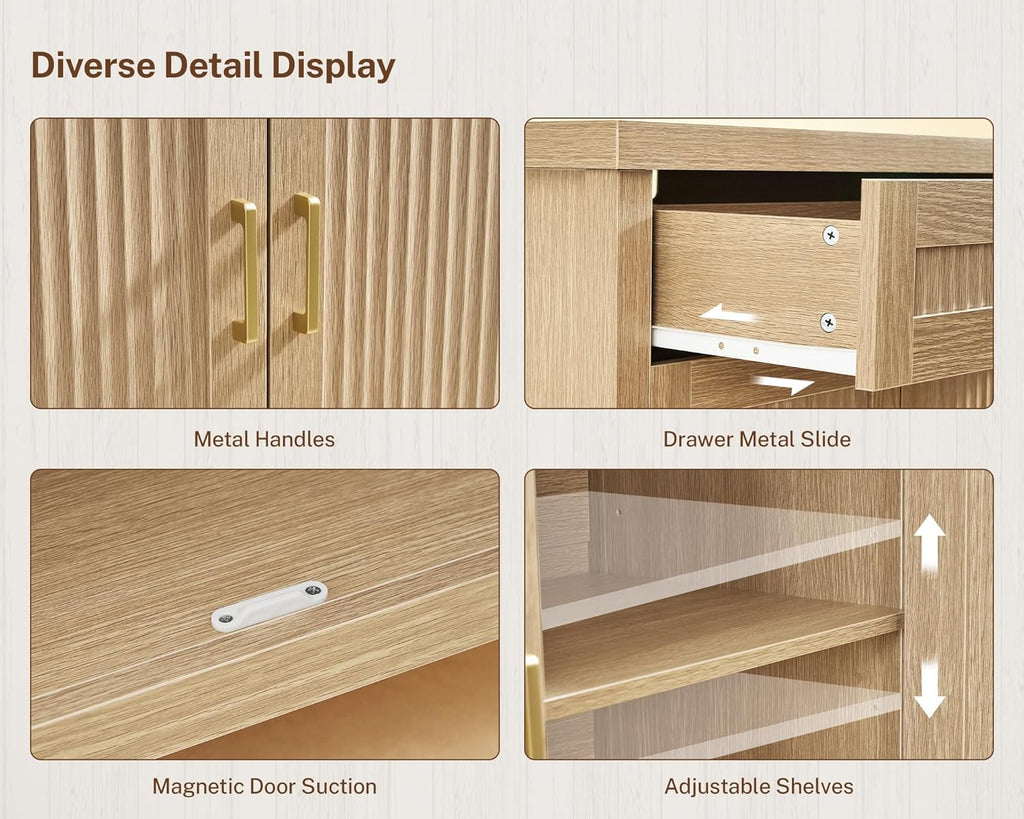 usikey Buffet Cabinet with Storage, 63” W Fluted Sideboard Cabinet with 2 Drawers & Adjustable Shelves, Coffee Bar with 4 Doors, Natural