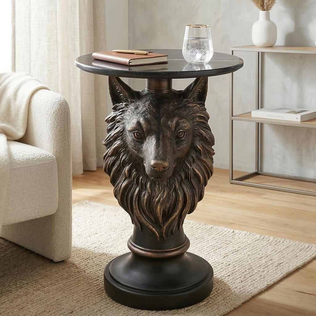 Wolf Head Side Table - 25" Tall Unique Animal Resin End Table with Marble Top, Gothic Antique Accent Furniture for Living Room & Bedroom, Majestic Wolf Statue Nightstand, Rustic Cabin Decor, Bronze
