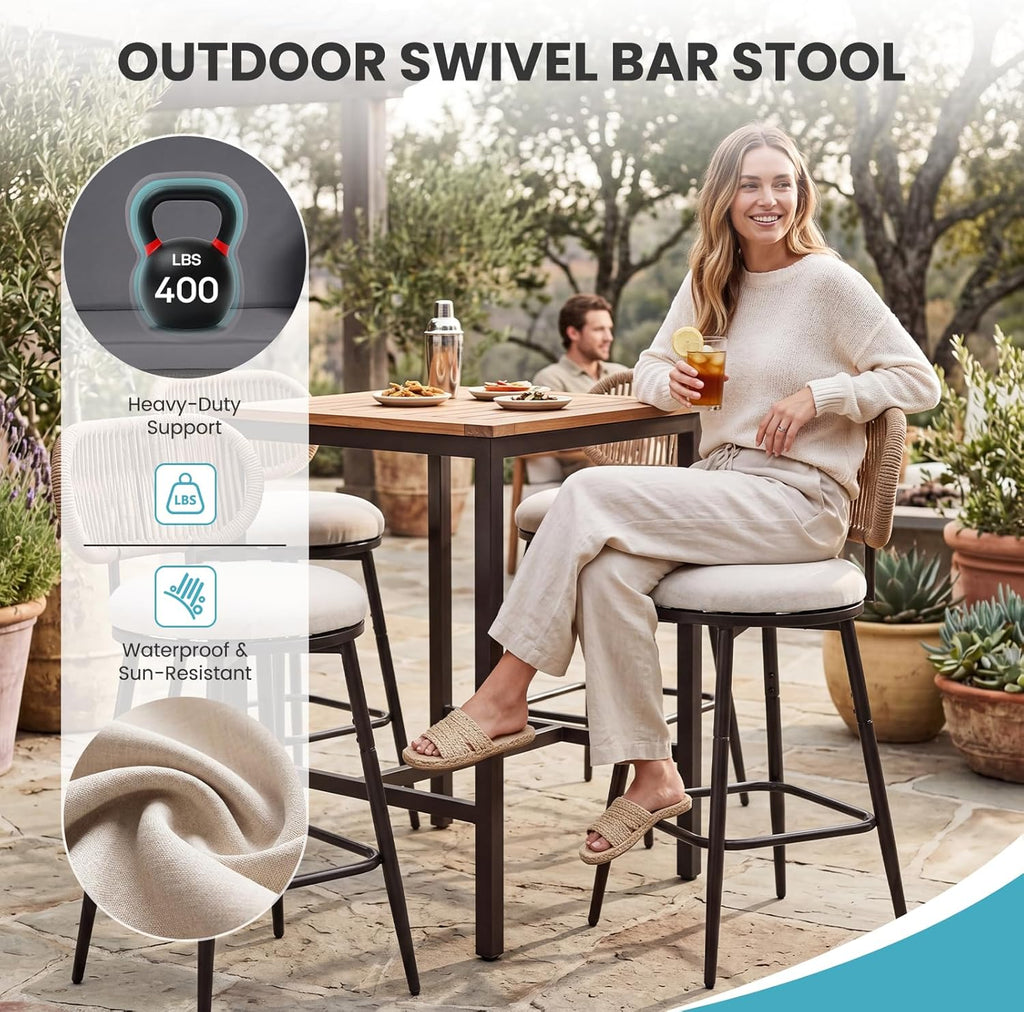 Outdoor Swivel Counter Bar Stools Set of 4, 360° Woven Rope Bar Chairs with Cushioned Seat & Metal Frame, Modern Farmhouse Counter Stools for Patio & Bar Area, Beige