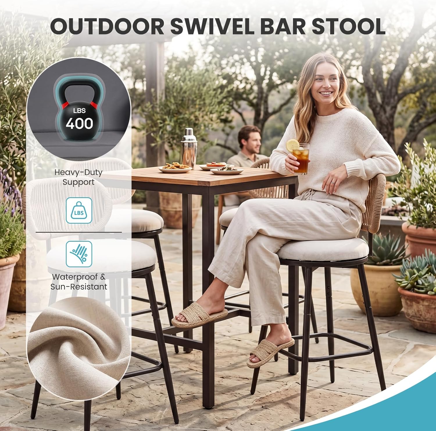 Outdoor Swivel Counter Bar Stools Set of 4, 360° Woven Rope Bar Chairs with Cushioned Seat & Metal Frame, Modern Farmhouse Counter Stools for Patio & Bar Area, Beige
