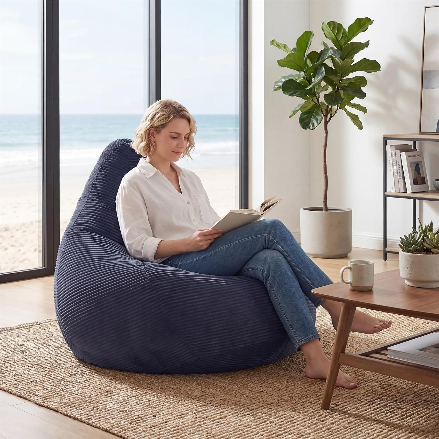 COSTWAY Bean Bag Chair for Adults & Kids, Corduroy Beanbag Chair for Teens, Comfy Sponge Filling Soft Lazy Sofa Chair for Living Room, Bedroom (Navy, 32"x35"x28")