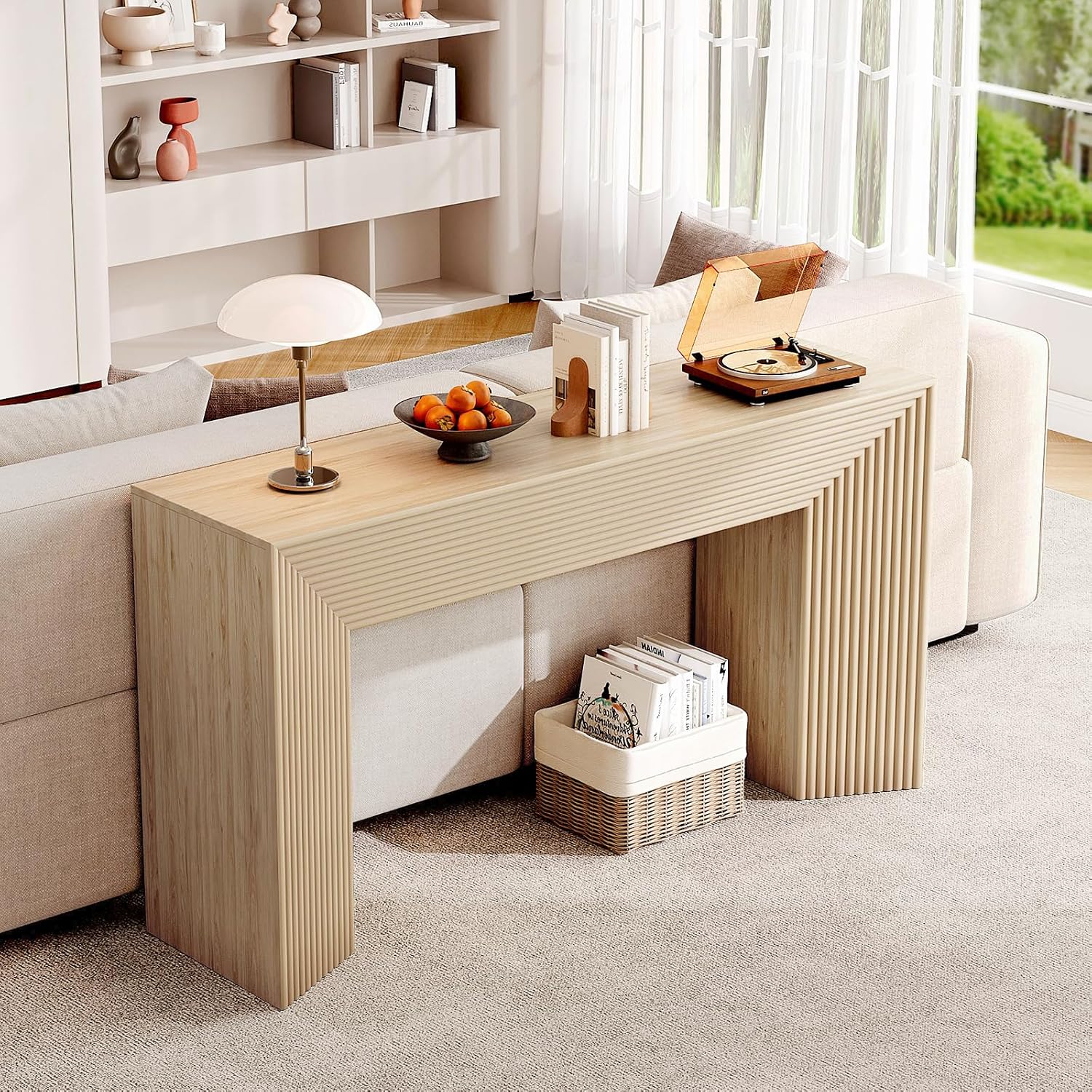 55-Inch Wood Entryway Table with Storage, Narrow Long Sofa Table Behind Couch, Fluted Console Table for Entryway, Hallway, Living Room, Accent Table for Decoration and Organization, Natural Wood