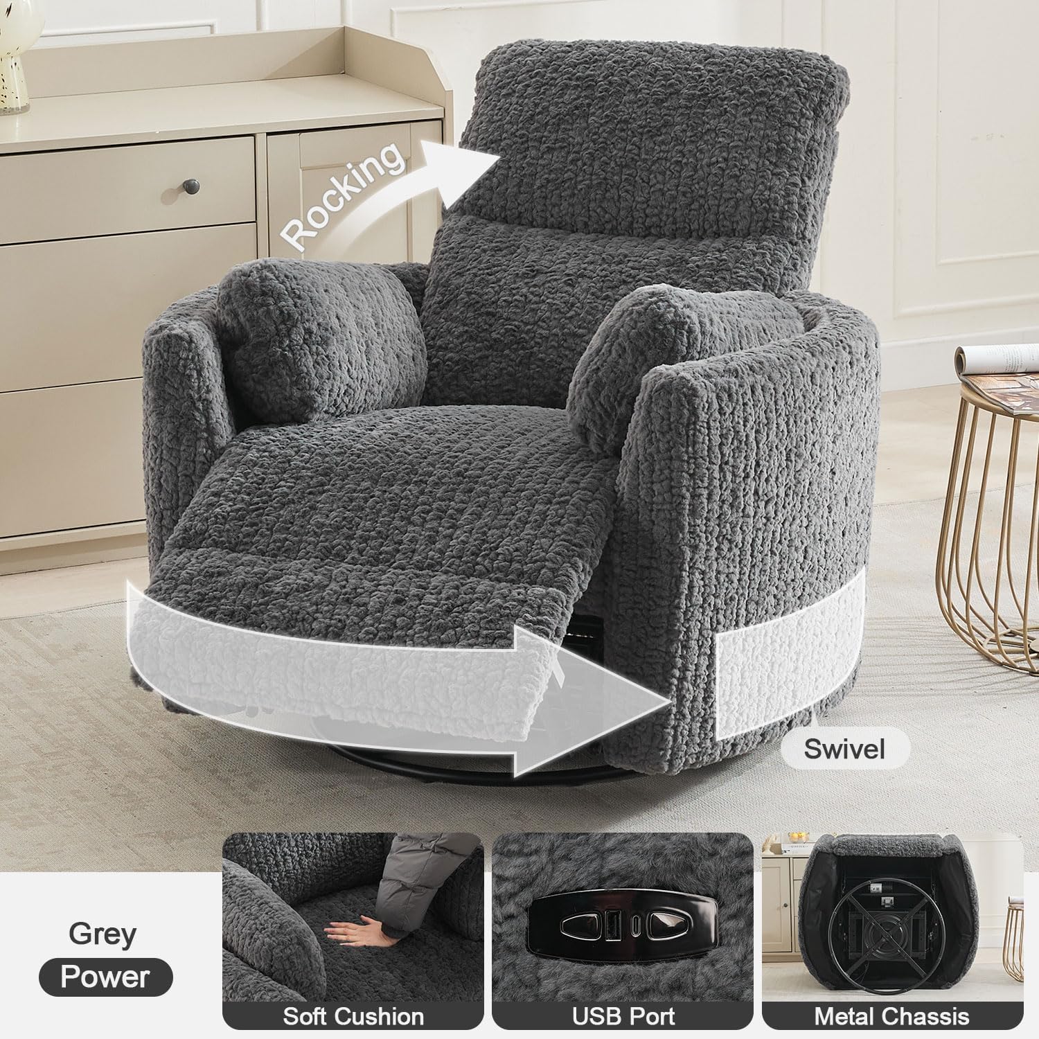 Nursery Rocking Chair, Boucle Upholstery Recliner with 2 Pillow, Swivel Glider Reclinerr, Power Reclining Sofa Chair for Living Room/Office/Apartment/Dark Gray