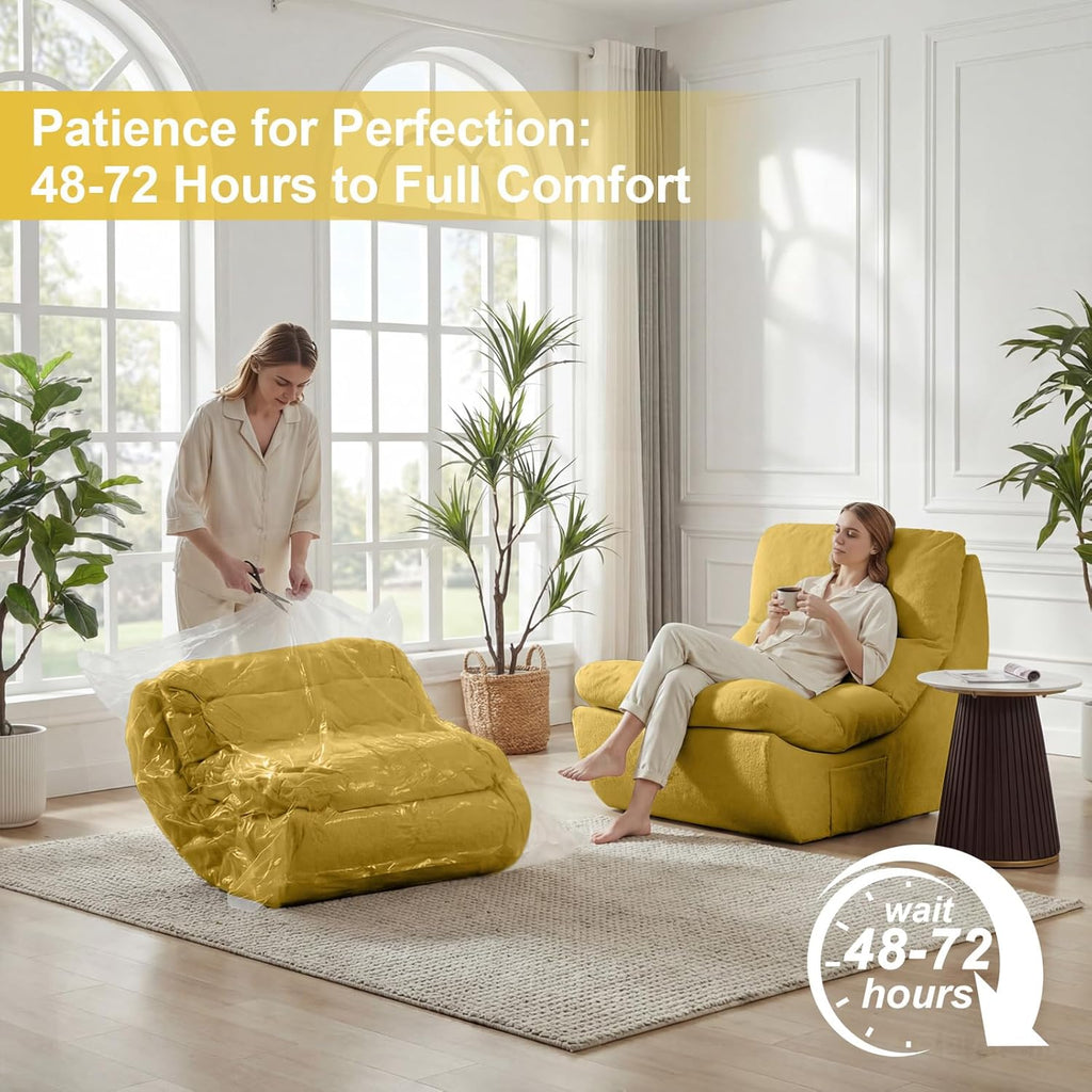 Comfy Reading Chair for Adults, Modular Sectional Sofa Bean Bag Chair, Cloud Boneless Couch Style with High Rebound Foam, Single Seat Compressible Sofa for Living Room & Bedroom, Yellow
