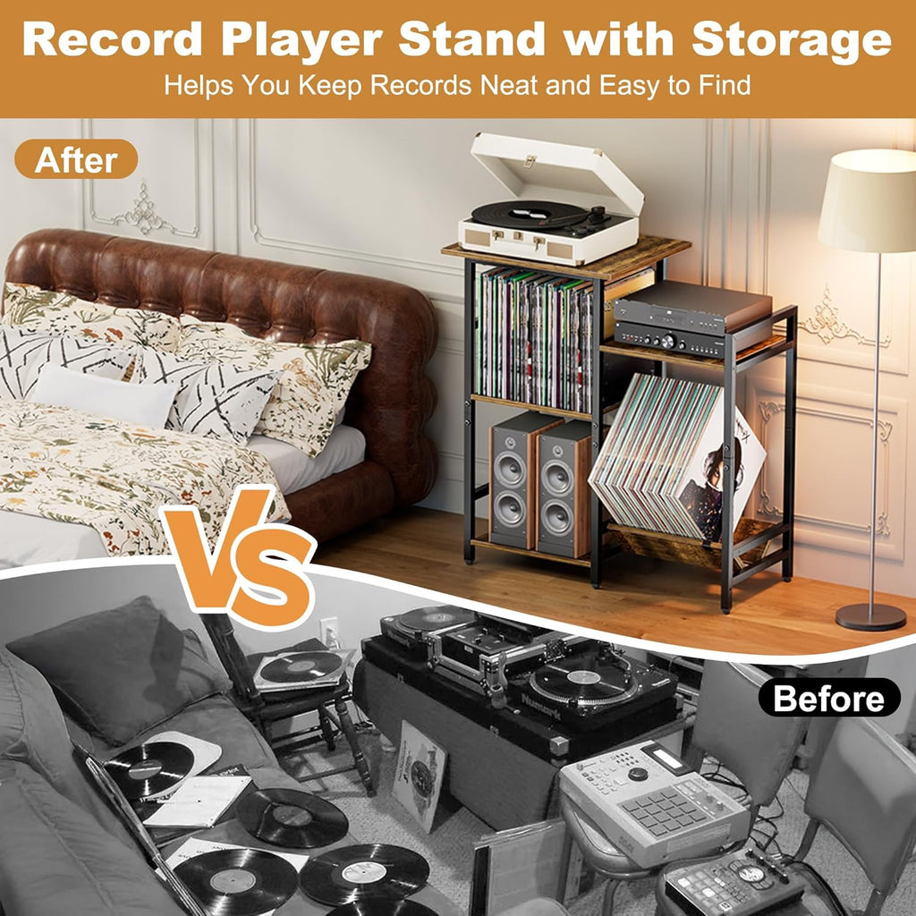 HYPIGO Record Player Stand with Power Outlets, Turntable Stand with Vinyl Record Storage Holds 300+ Albums, Record Player Table with Vinyl Display Holder for Living Room