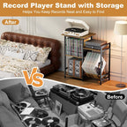 HYPIGO Record Player Stand with Power Outlets, Turntable Stand with Vinyl Record Storage Holds 300+ Albums, Record Player Table with Vinyl Display Holder for Living Room