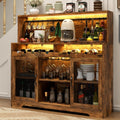 Loomie Wine Bar Cabinet with LED Light, Liquor Cabinet with Glass Holder, Coffee Bar for Liquor, Storage Buffet with Wine Racks, Wine Cabinet with Mesh Door (Rustic)