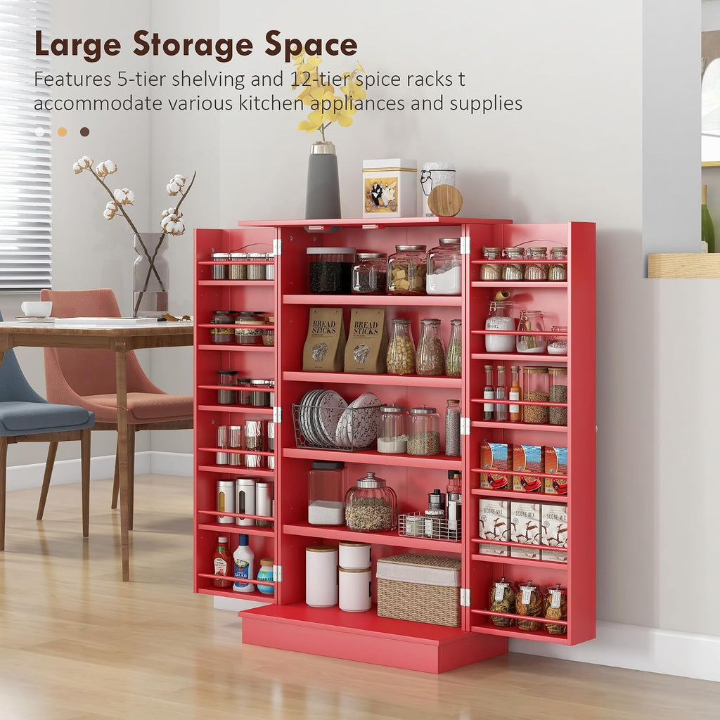 41" Kitchen Pantry Storage Cabinet, Red, with Double Doors, 12 Interior Shelves, Adjustable Shelves for Dishes and Cookbooks