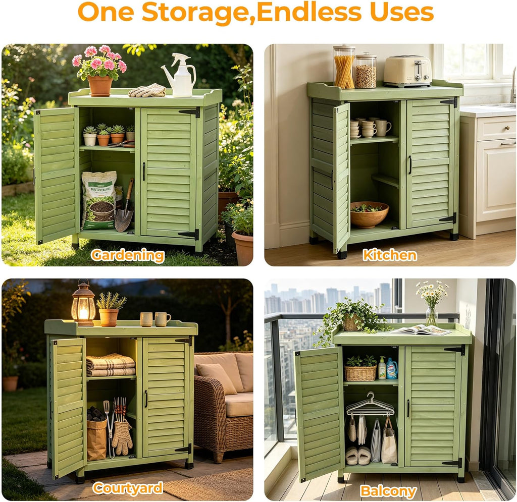 Outdoor Garden Storage Cabinet with Potting Bench, Wood Cabinet with Metal Top, Planting Workstation Table for Patio, Backyard and Garden Tools (Green)