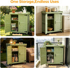 Outdoor Garden Storage Cabinet with Potting Bench, Wood Cabinet with Metal Top, Planting Workstation Table for Patio, Backyard and Garden Tools (Green)