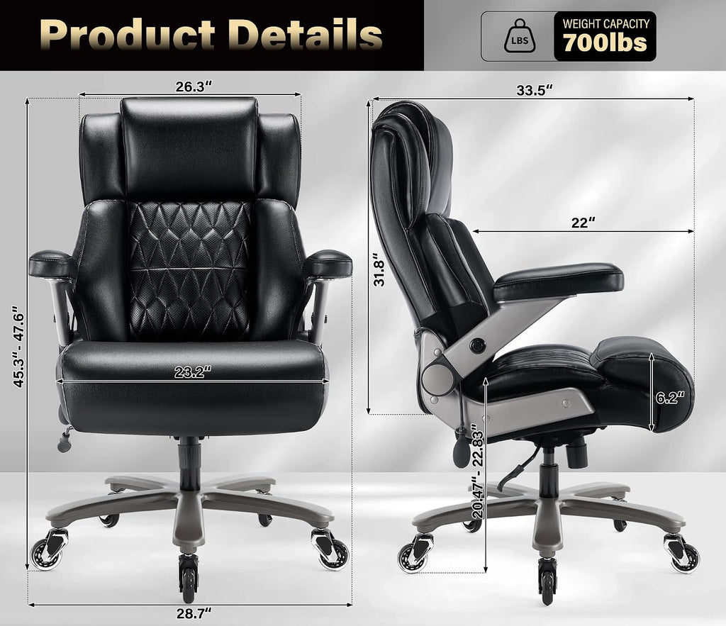 Big and Tall 700lbs Office Chair - Adjustable Lumbar Support 3D Flip Arms Heavy Duty Metal Base&Wheels, High Back Large Executive Computer Desk Chair, Thick Padded Ergonomic Design for Back Pain