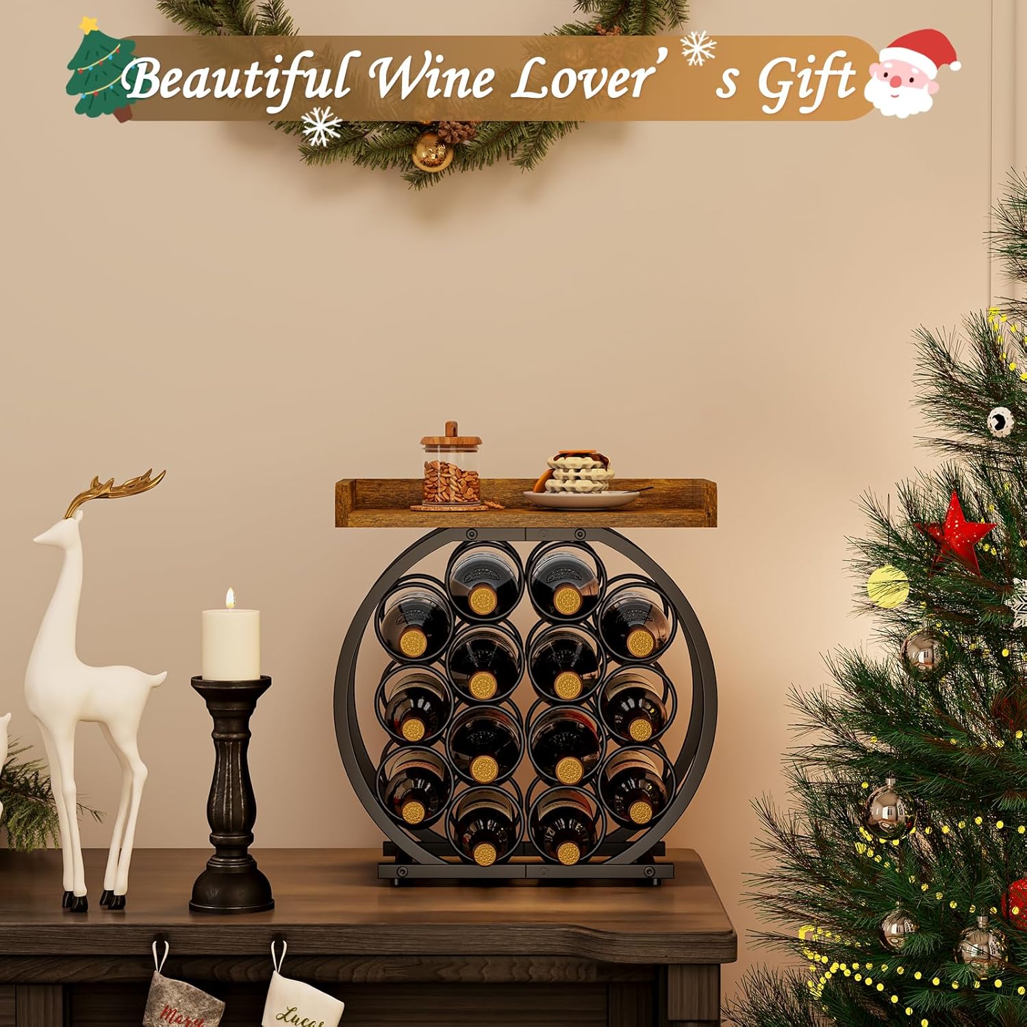 X-cosrack 14-Bottle Countertop Wine Rack with Wooden Tabletop, Freestanding Round Metal Wine Bottle Organizer and Display Stand for Kitchen, Pantry, Home Bar and Cabinet