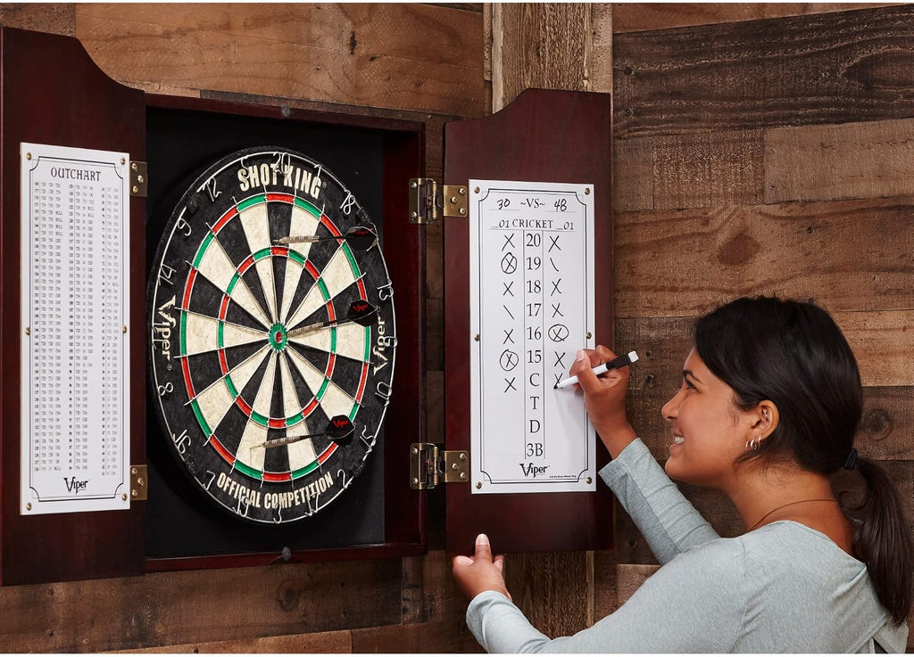 Viper Hudson Solid Wood Cabinet for Sisal/Bristle Steel Tip Dartboard with Dry Erase Scoreboard and Out-Chart, Mahogany Finish