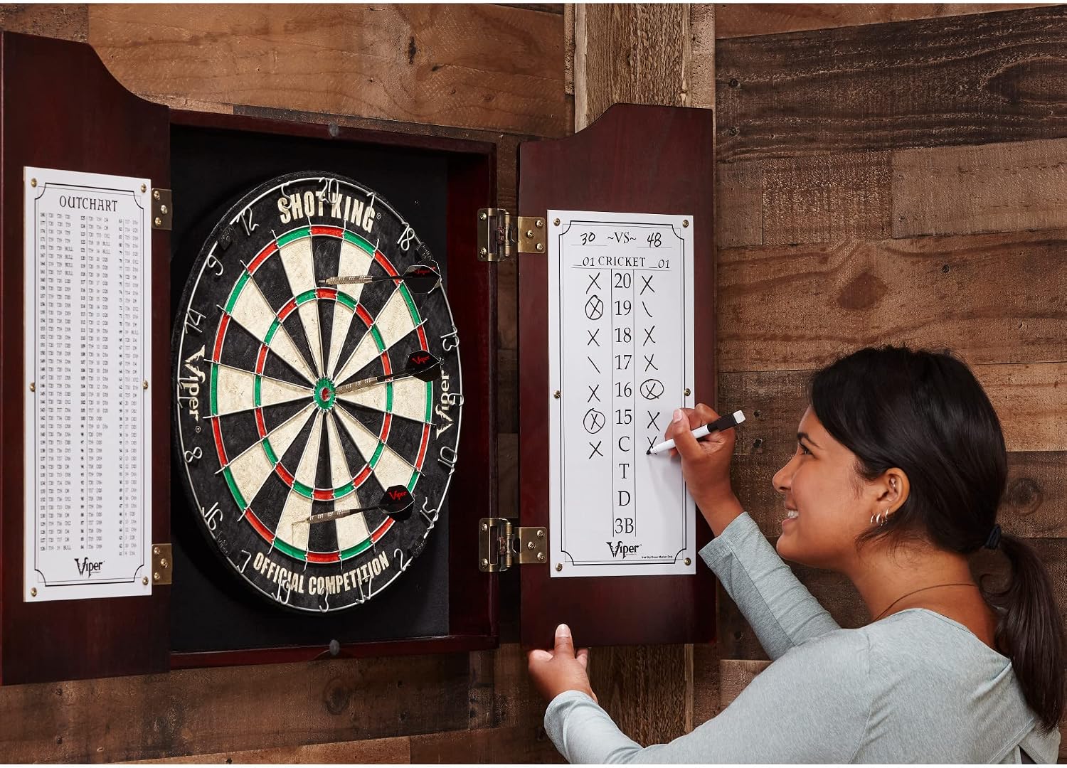Viper Hudson Solid Wood Cabinet for Sisal/Bristle Steel Tip Dartboard with Dry Erase Scoreboard and Out-Chart, Mahogany Finish