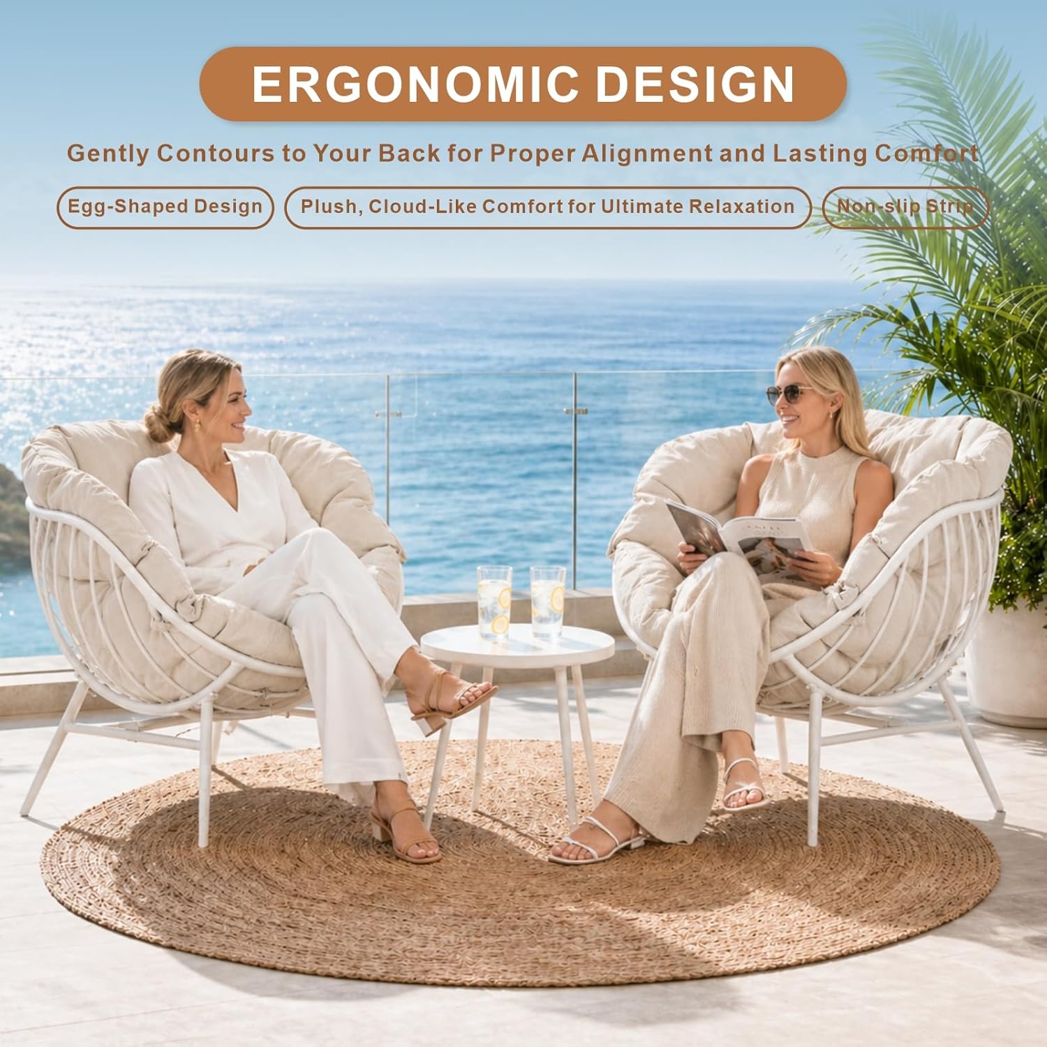 Outdoor Oversized Egg Chairs, Steel Frame Single Living Room Reading Chair with 350 LBS Heavy Duty, Patio Papasan Chair, Thick Cushion Egg Seat and Headrest for Bedroom , Indoor, Porch Garden