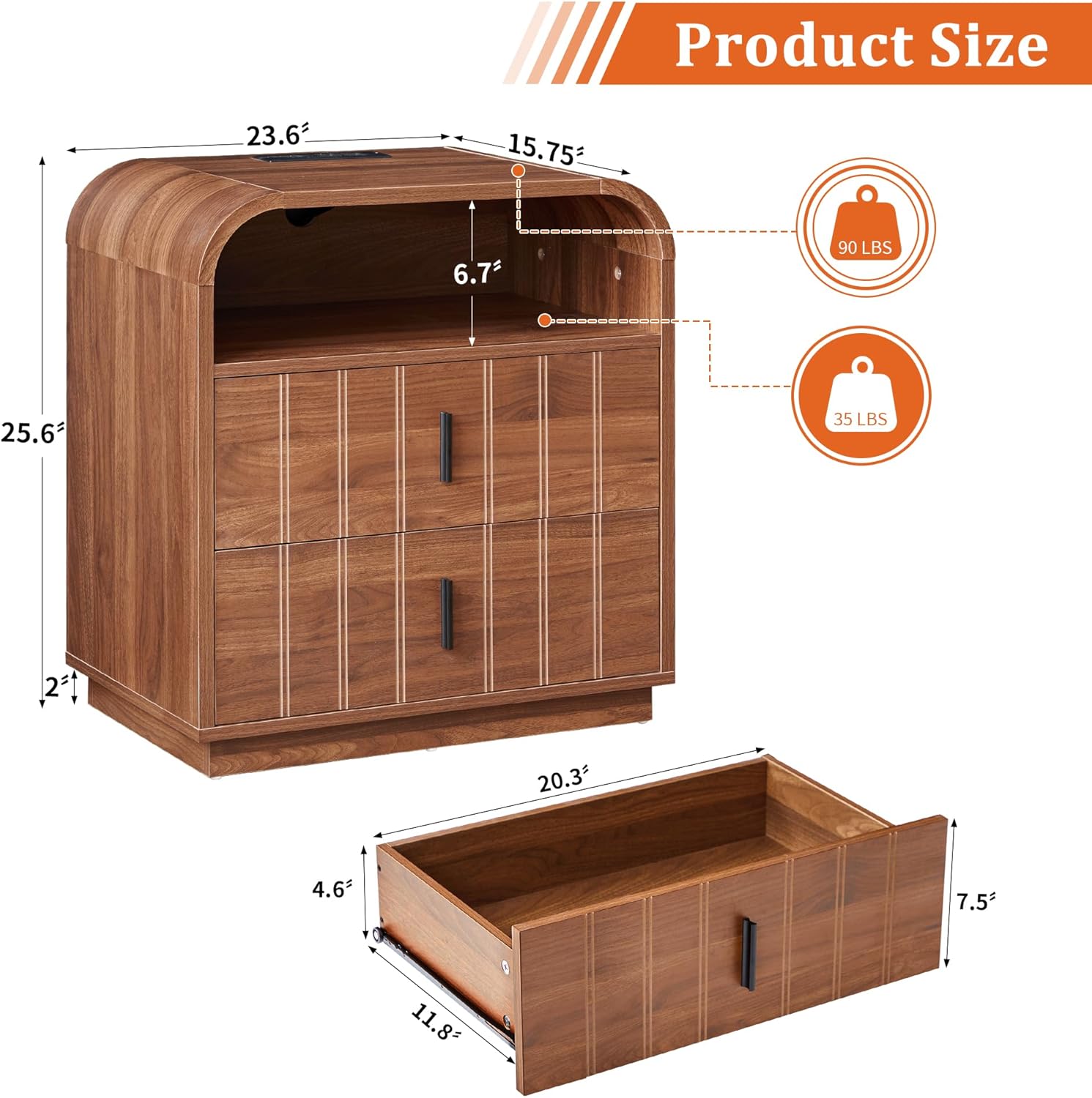 Large Nightstands Set of 2, Mid Century Modern Bedside Table with Charging Station, 2 Storage Drawers, Curved Side Table with Open Cubby Storage for Bedroom Living Room Offic, Walnut