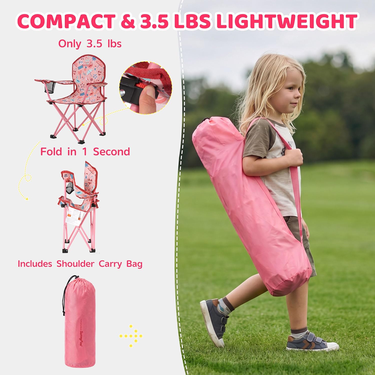 SUNNYFEEL Kids Folding Camping Chair for Ages 4-8 Boys and Girls, Pink | Dual-lock safety prevents collapse, 125 lbs capacity, 3.5 lbs Lightweight with Carry Bag & Cup Holder for Beach, Camping