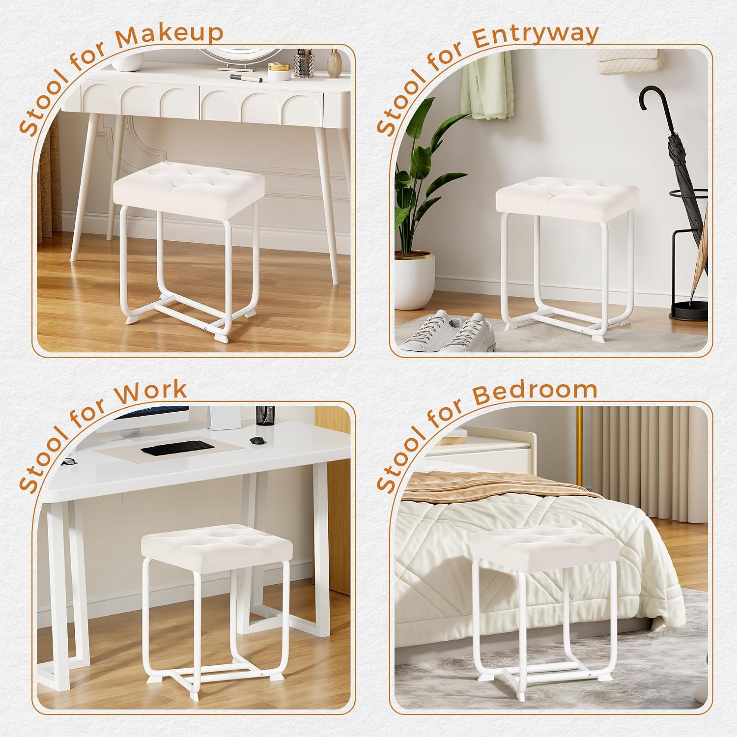 BEWISHOME White Vanity Chair, Leather Vanity Stool, Small Stool Chair for Vanity, Square Ottoman Foot Stool, Makeup Vanity Chairs with Thick Padded Seat for Bathroom, Bedroom, Entryway, KFD01W