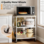 Homleke 3-Tier Rolling Kitchen Microwave Cart, Kitchen Utility Cart on Lockable Wheels, Coffee Bar Table Station with 6 S-Shaped Hooks, Small Appliance Storage Shelf, White and Natural KC40D