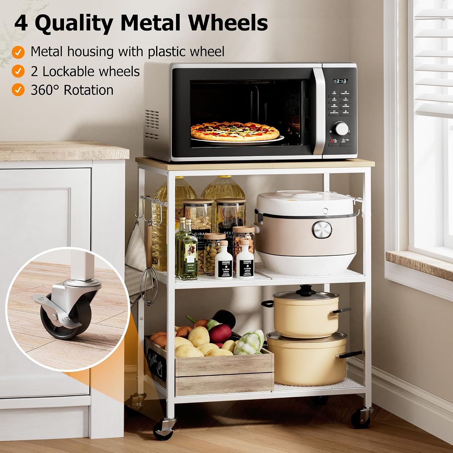 Homleke 3-Tier Rolling Kitchen Microwave Cart, Kitchen Utility Cart on Lockable Wheels, Coffee Bar Table Station with 6 S-Shaped Hooks, Small Appliance Storage Shelf, White and Natural KC40D