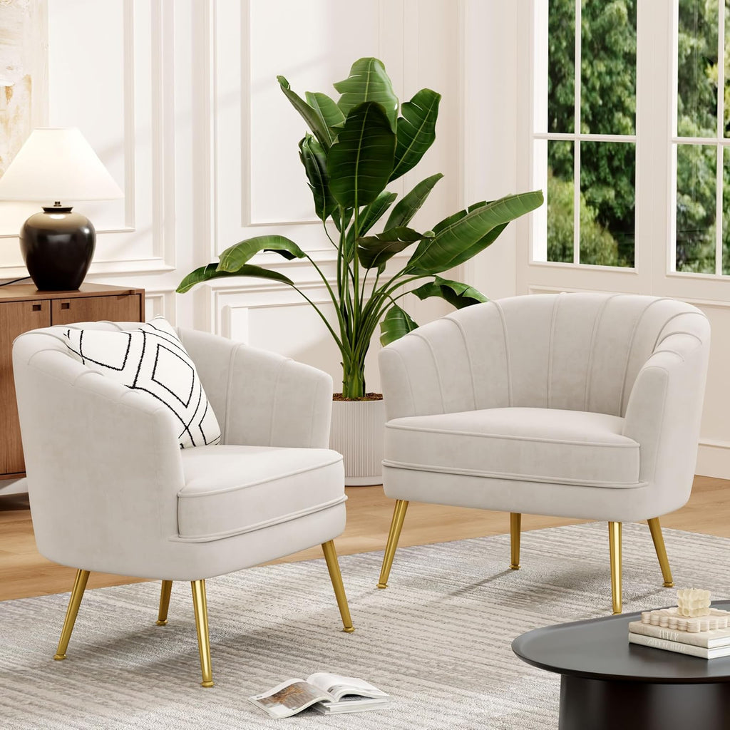 Andeworld Velvet Accent Chair Set of 2, Upholstered Modern Single Sofa Side Chair,Comfy Barrel Club Living Room Armchair with Golden Metal Legs for Bedroom Living Reading Room Office, Beige