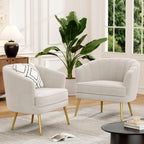 Andeworld Velvet Accent Chair Set of 2, Upholstered Modern Single Sofa Side Chair,Comfy Barrel Club Living Room Armchair with Golden Metal Legs for Bedroom Living Reading Room Office, Beige