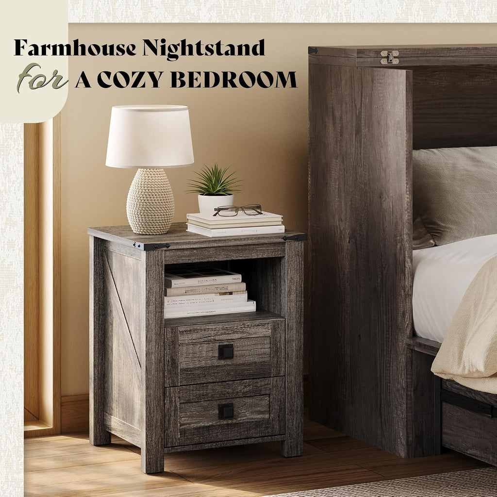 AMERLIFE Farmhouse Wood Nightstand Set of 2, End Table with Drawers, Grey | Narrow/Small 18" Bedside Table with Open Shelf, Wooden Night Stand for Bedroom/Home Office, Rustic Grey Oak